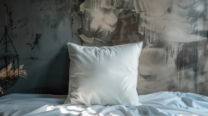 A soft pillow on a bed with modern abstract wall art in the background