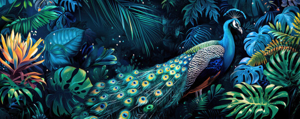 Elegant Peacock Amidst Lush Tropical Foliage in a Vibrant Jungle Scene
