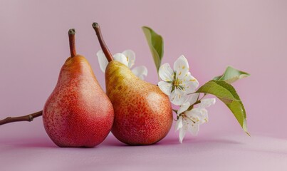 Freshly picked pears on a pastel lavender background