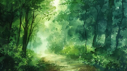 Illustration of a serene forest path bathed in sunlight with lush green trees and foliage, creating a peaceful and tranquil atmosphere.