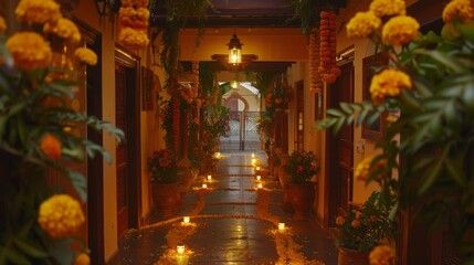 corridor of an Indian house beautifully decorated with marigold flowers and lights