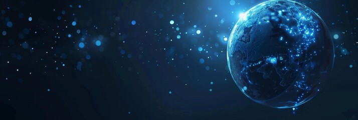 Dark blue gradient background with a luminous particle sphere, offering a high-tech aesthetic with ample free space
