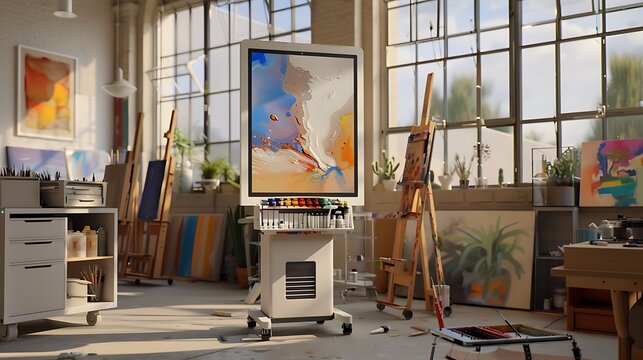 high-tech art studio with smart storage for materials and a digital assistant that provides tips and techniques based on the artista??s style