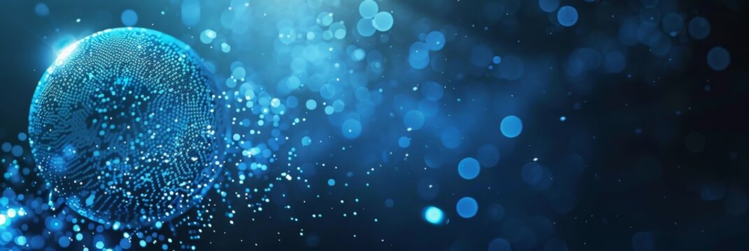 Tech-inspired blue background featuring a digital particle sphere, creating a sleek and modern look with plenty of free