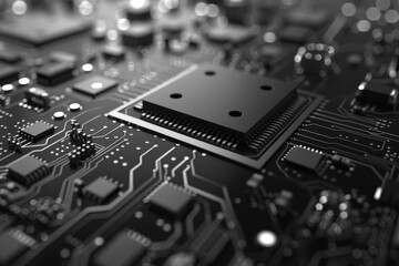 Fototapeta premium Monochrome circuit board, highlighting electronic components technology theme, realistic, overlay, tech lab backdrop