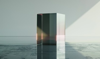 Glass pedestal with reflective surface, abstract geometric backdrop