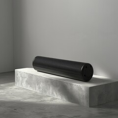 Long shot of a minimalist foot roller, sculpted in matte black, illuminated with subtle shadows, placed on a polished concrete surface, conveying a contemporary