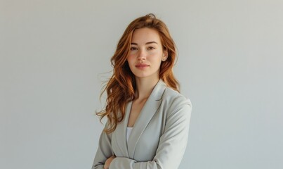 Obraz premium Headshot of a woman in a light gray suit against a plain white background