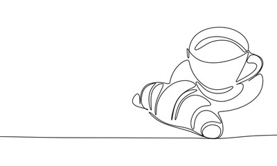 Cup and croissant one line continuous. Breakfast line art. Hand drawn vector art.