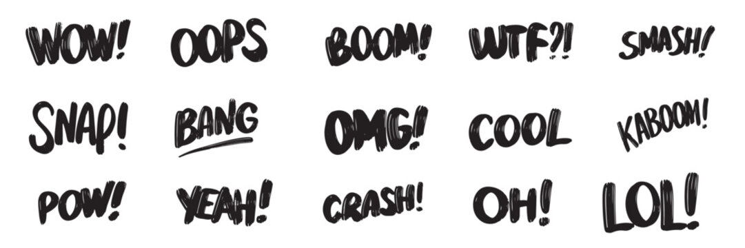 Collection of Onomatopoeia and exclamation theme text lettering. Hand drawn vector art.