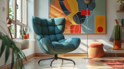 Long shot of a modern reclining armchair with geometric shapes, vibrant teal fabric, placed in a chic, airy space with wooden floors and abstract art on the walls