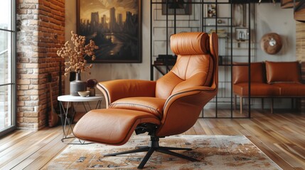 Long shot of an elegant contemporary reclining armchair, buttery soft leather in a rich caramel hue, positioned in a stylish loft with exposed brick walls and industrial decor