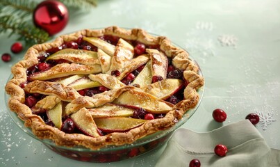 Pear and cranberry pie on a light green surface
