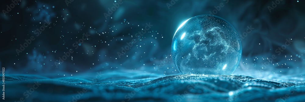 Poster minimalist blue background featuring a luminous digital sphere of particles, creating a futuristic d