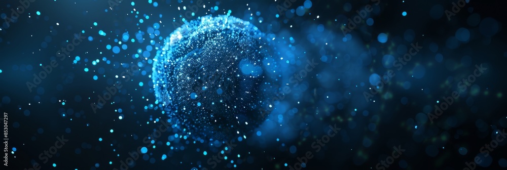 Poster dark blue gradient background featuring a detailed digital particle sphere, offering a high-tech loo