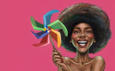 Vibrant Portrait: Joyful Afro-Haired Hispanic Woman with Colorful Pinwheel on Pink Background, Radiating Energy and Fun. Illustrator art.