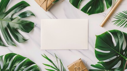 Mockup card birthday wedding background white table paper top greeting view stationery. Card blank postcard mockup birthday frame gift mock flatlay design green leaves happy desk template composition.