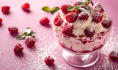 Raspberry trifle on a pastel lavender surface