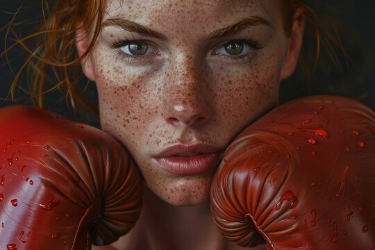 Close-up portrait of a female boxer with red gloves