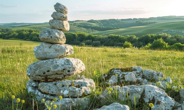 Sculptural stack of limestone boulders in a lush green meadow