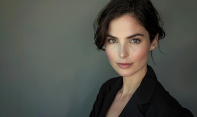 Portrait of a businesswoman in a classic black blazer against a muted silver background