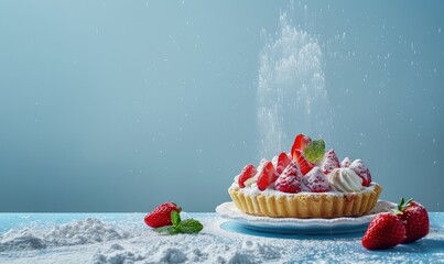 Strawberry tart on a pale blue backdrop