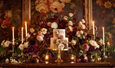 Velvet-covered pedestal with golden accents, vintage floral tabletop backdrop