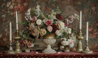 Velvet-covered pedestal with golden accents, vintage floral tabletop backdrop