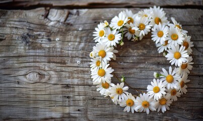 Obraz premium Wooden background, wreath of daisies, space for text