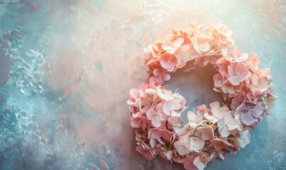 Wreath of hydrangeas in the center, granite background