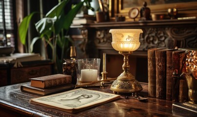 View on books on the table in the room with vintage interior