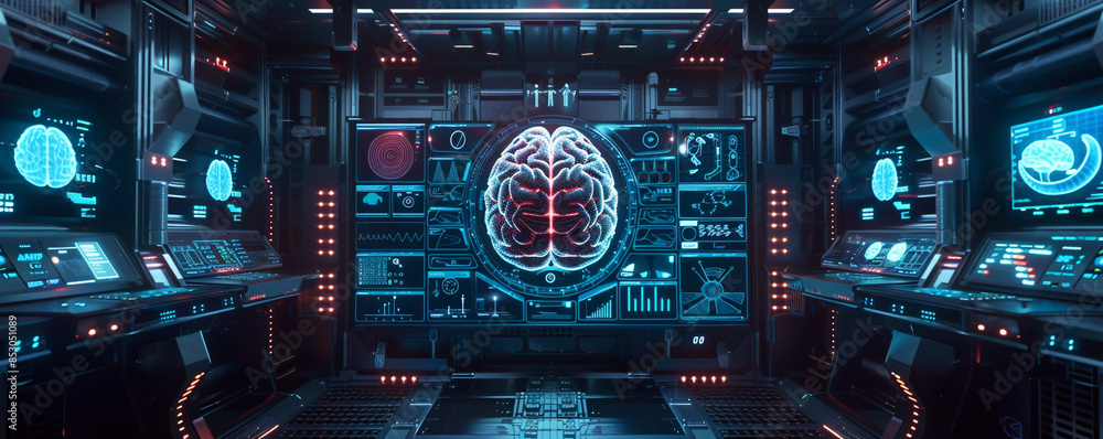 Fototapete 3d rendering of digital brain interface display with medical data and biometric information on futur