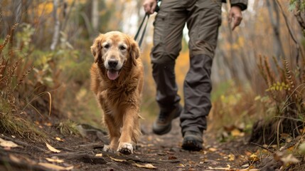 Photograph of a loyal Golden Retriever accompanying its owner on a hike, their bond evident in their synchronized steps.