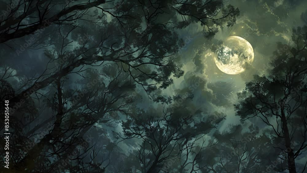 Poster the moons pale light filters through the canopy of trees giving a ghostly glow to the ethereal shado