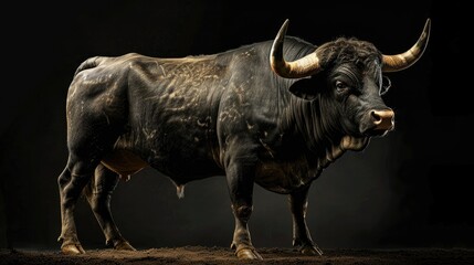 Naklejka premium Photograph of a majestic Push Bull standing proudly on a transparent background, its muscles rippling and horns gleaming