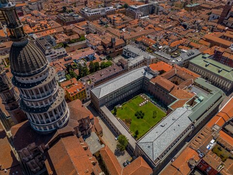 An aerial perspective reveals the heart of Novara, Italy