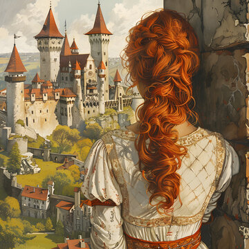 Red-haired girl with cebelo slade and dressed with medieval beige ruffles, looking at a castle in front of her tower