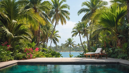 Swimming pool on a tropical beach with palm trees