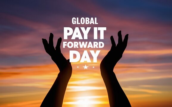  "GLOBAL PAY IT FORWARD DAY" prominently displayed. The image should have a minimalist, high-contrast style with