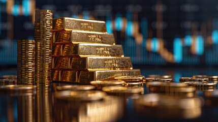 An elegant display of gold bars and coins on a reflective surface, with financial graphs in the background, symbolizing luxury and investment.