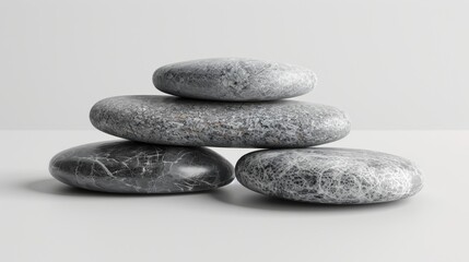 Fototapeta premium Minimalist aroma stones, rear view, matte finish, monochrome palette, crisp shadows, clean lines, positioned on a sleek surface