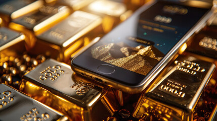 Smartphone placed on a pile of gold bars, representing the integration of technology and finance, with an app related to gold investment displayed on the screen.