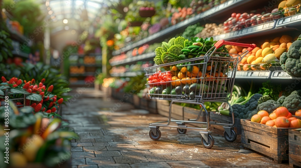 Poster a dynamic visualization showcasing a lifelike 3d rendering of a supermarket shopping trolley cart fi