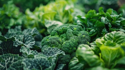 Close-up image of fresh green vegetables, Selective focus on Broccoli, emphasizing the importance of a healthy diet and wellness.