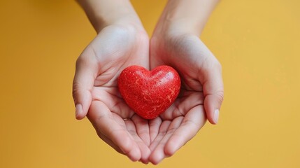 Hands gently cradling a red heart-shaped object against a yellow background, representing affection and warmth.