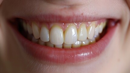 Obraz premium Close-up of a person's smile showing slightly yellow teeth, highlighting the need for dental care and whitening.
