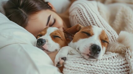 Portrait of a sleeping caucasian woman with a Russell Terrier puppy in her arms. Emotional support. Close-up view. Comfort and canine companionship.