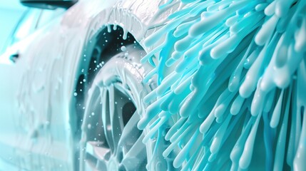 Close-up of a car wheel being washed at an automated car wash, with blue soap and water cleaning the vehicle efficiently.