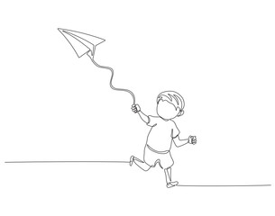 Continuous one line drawing of boy kid playing kite. One line drawing illustration of boy playing kite. Exciting outdoor game concept single line. Editable outline.