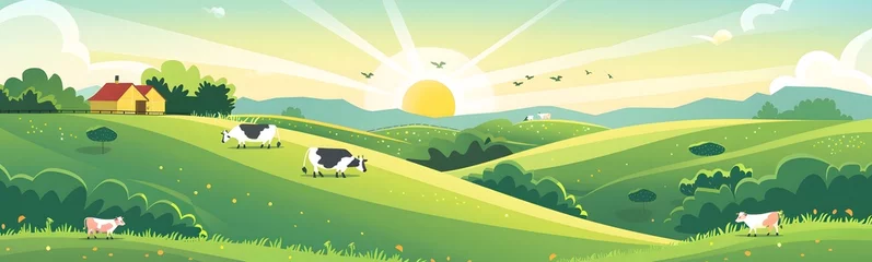 Gordijnen illustration of a farm with green hills and cows in the background © Tanish